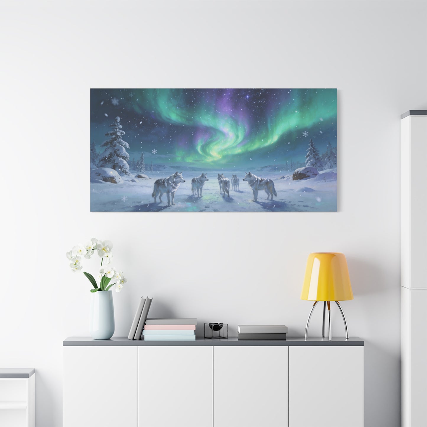 Arctic Wolf Pack Canvas Wall Art - Aurora Borealis Snowy Winter Landscape, Northern Lights Canvas Print, Blue Green Purple Sky, Living Room Wall Decor, Bedroom Home Decoration - Modern Farmhouse Style