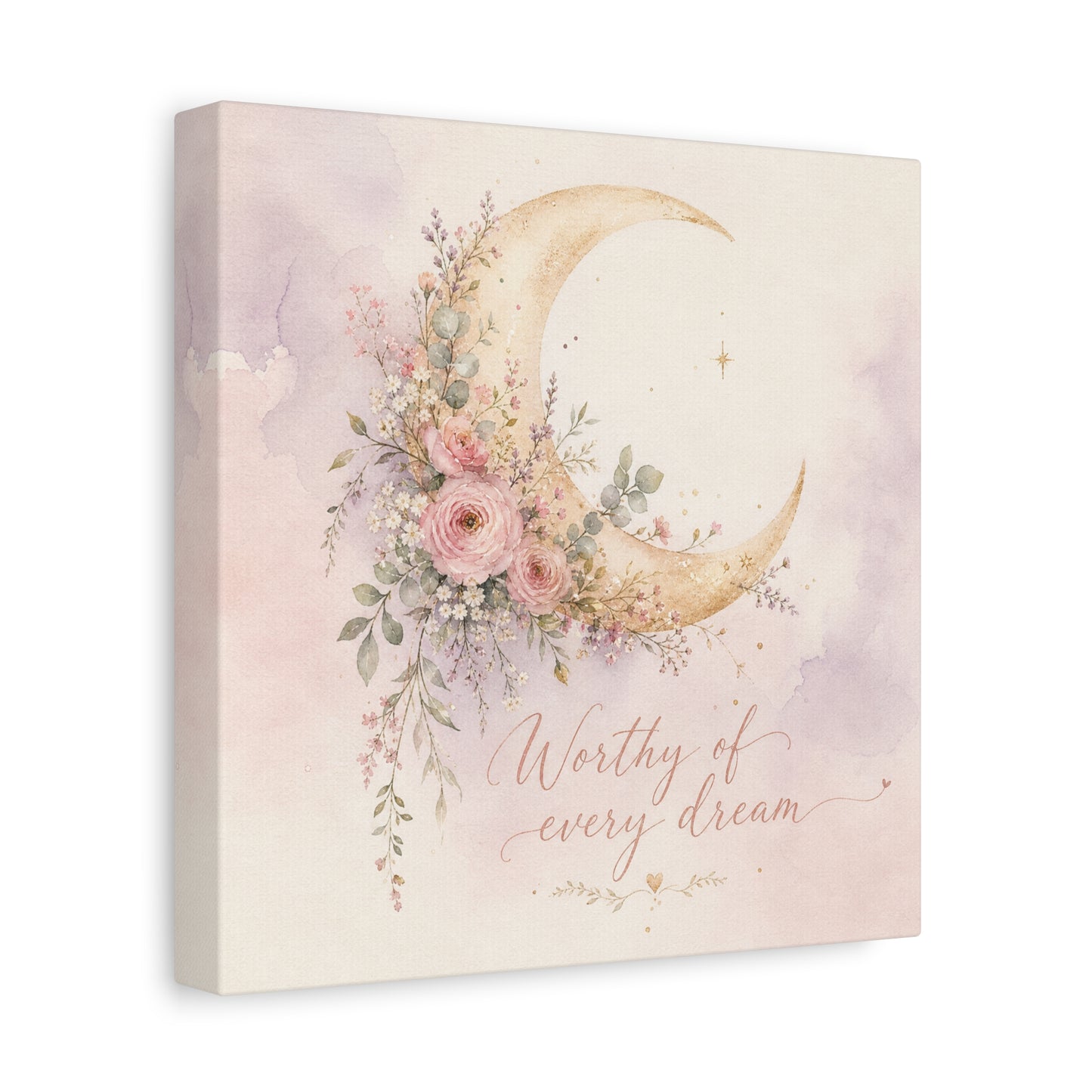 "Worthy Of Every Dream" Moon Canvas Wall Art - Floral Crescent, Inspirational Blush Gold Watercolor - Bohemian Bedroom Wall Decor - Nursery Home Decoration - Bedroom Home Decoration - Ready to Hang