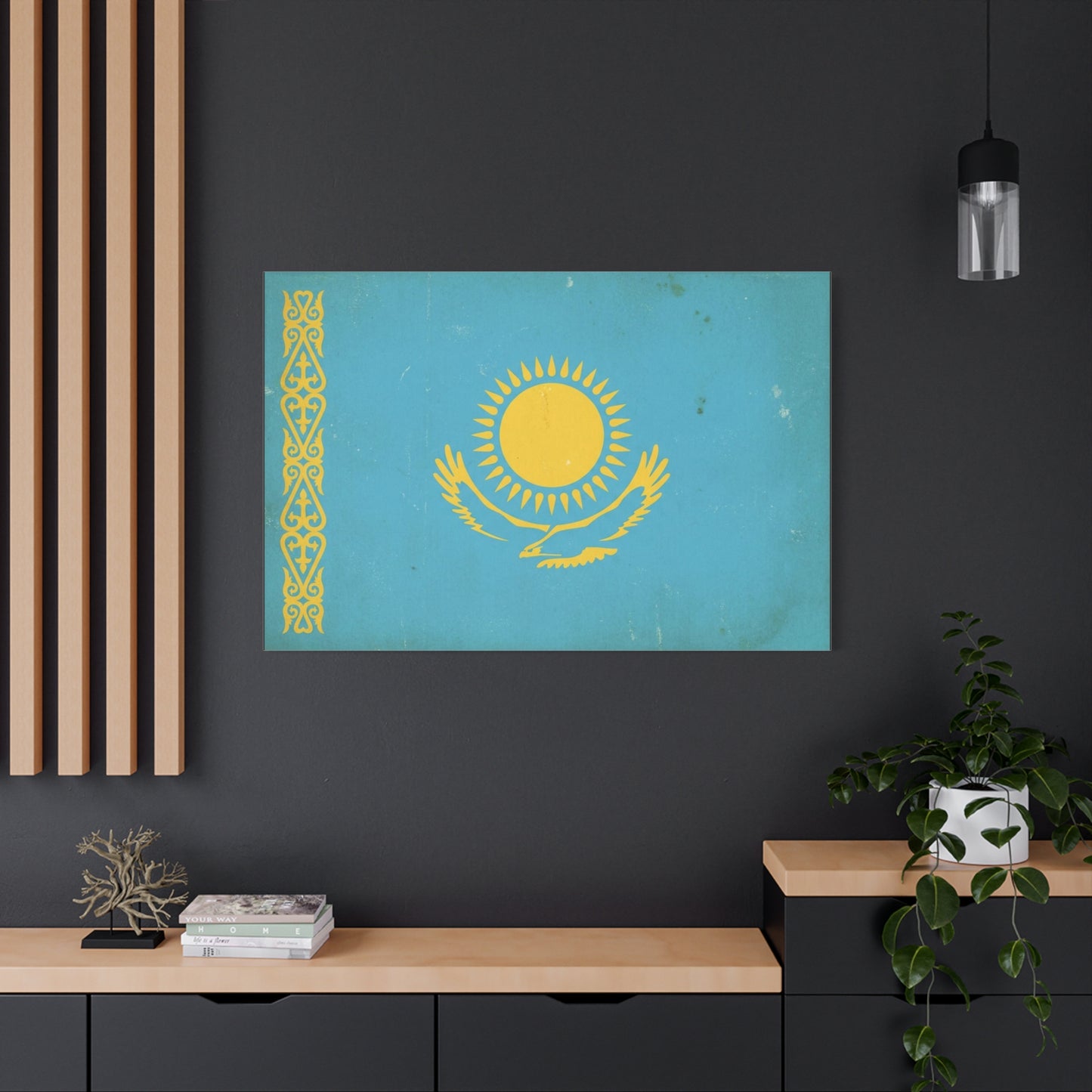 Kazakhstan Flag Canvas Wall Art - Blue And Gold Sun Eagle Emblem, Vintage Nation Print - Matte Cotton Artwork, Patriotic Living Room Wall Decor, Office Art Accent Style - Bedroom Home Decoration