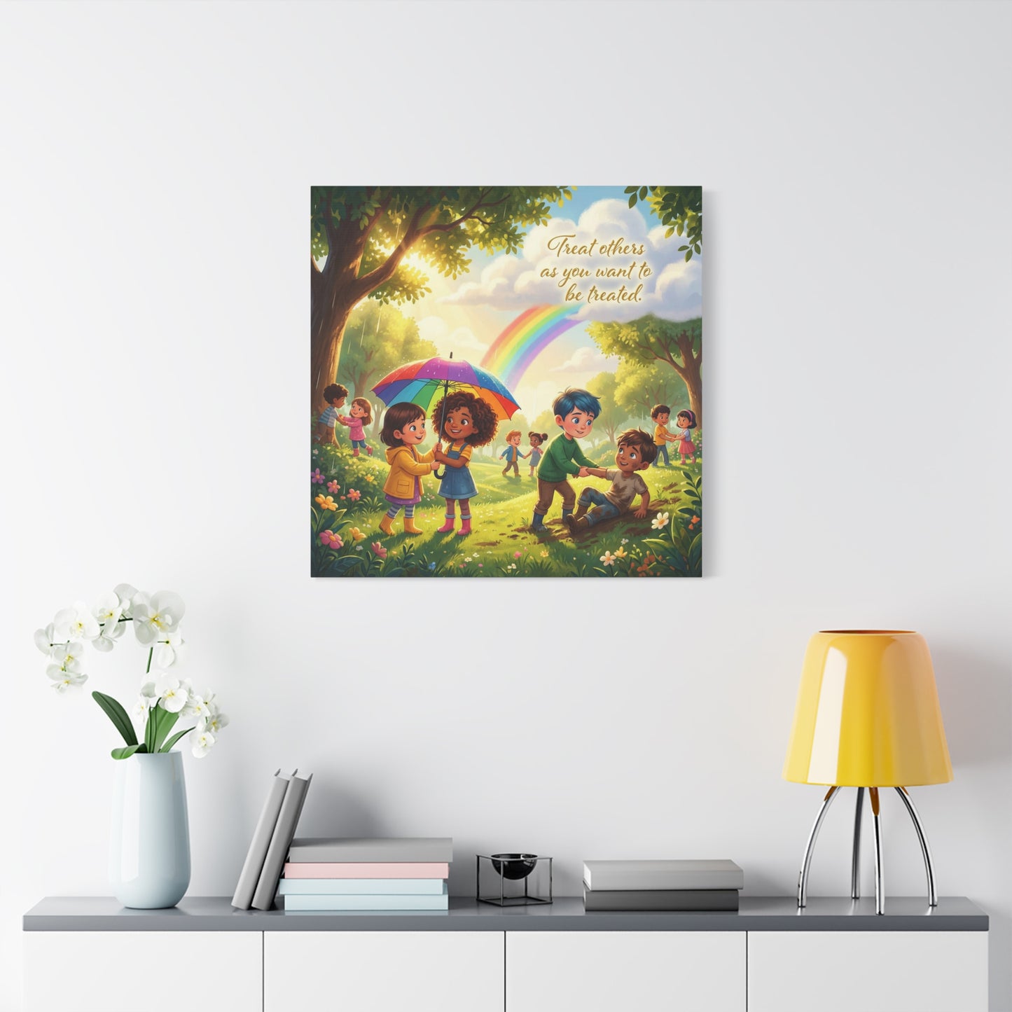 "Treat Others As You Want To Be Treated" Kids Canvas Wall Art - Rainbow Kindness Quote, Children Helping In Sunny Park - Matte Cotton Print - Playroom Classroom Decor, Nursery Wall Hanging