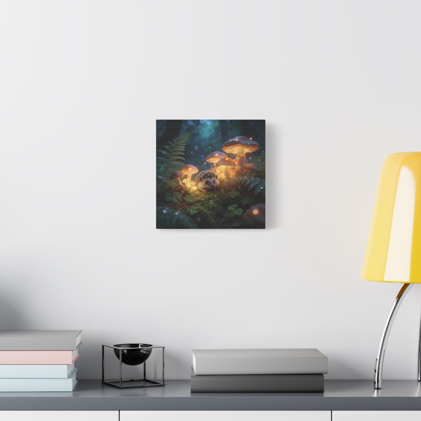 Hedgehog Mushroom Canvas Wall Art - Glowing Forest Fantasy Animal Print - Matte Cotton Art Print, Whimsical Woodland Style - Bedroom Wall Decor, Nursery Home Decoration Accent - Modern Farmhouse Style