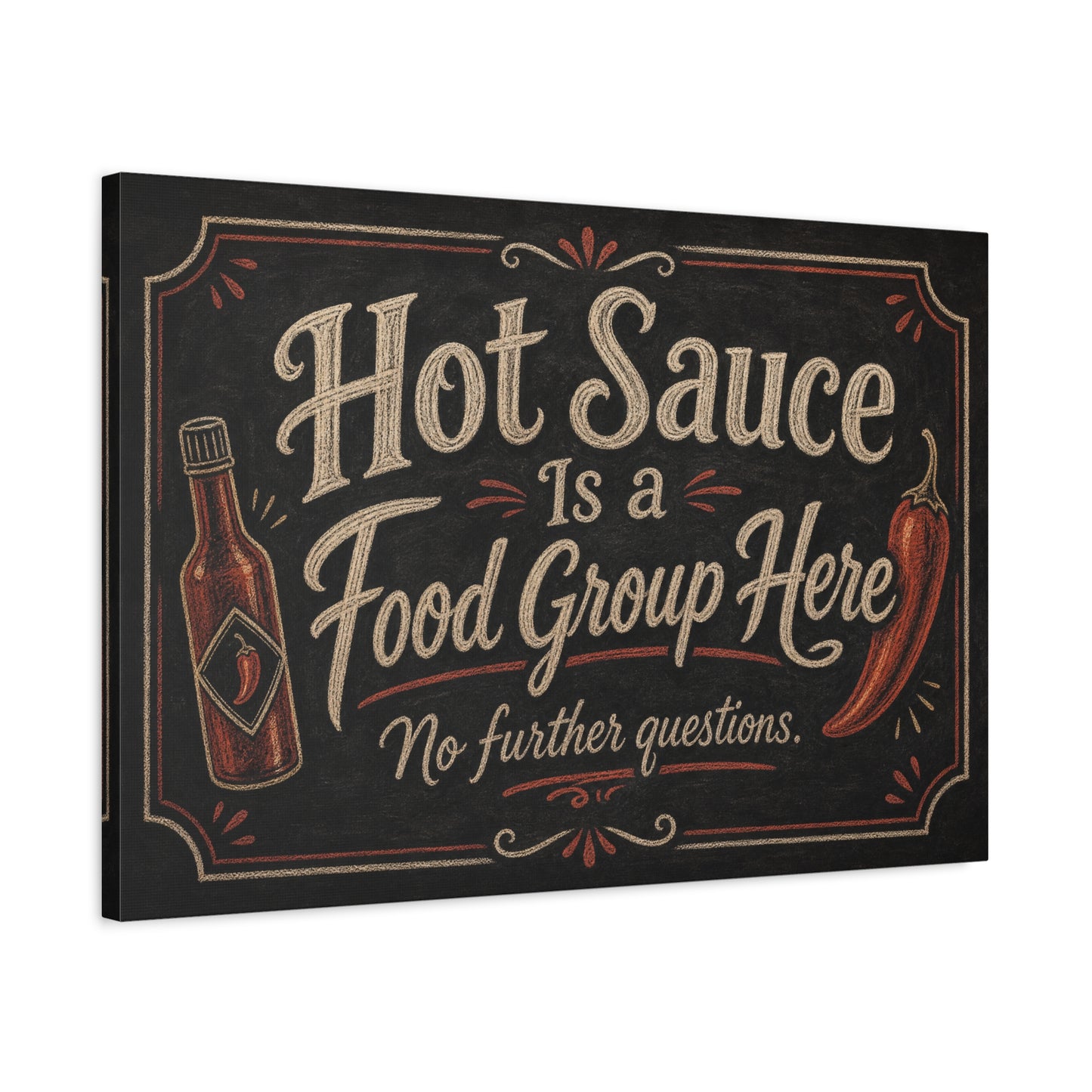 "Hot Sauce Is a Food Group Here No further questions." Canvas Wall Art - Chalkboard Kitchen Quote - Vintage Rustic Typography - Dining Room Wall Decor - Modern Farmhouse Style - Modern Farmhouse Style