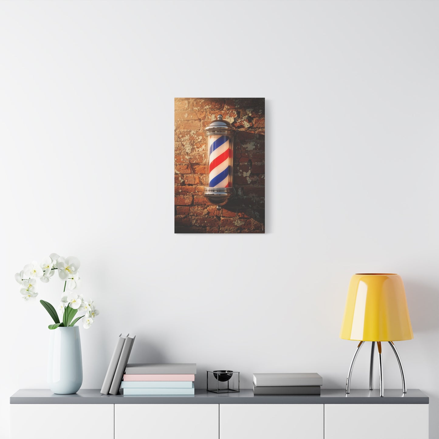 Vintage Barber Pole Canvas Wall Art - Rustic Brick Wall Art Print, Red Blue White Stripe Shop Decor - Matte Cotton Art Print - Barbershop Interior Accent, Lobby Workspace Styling - Ready to Hang