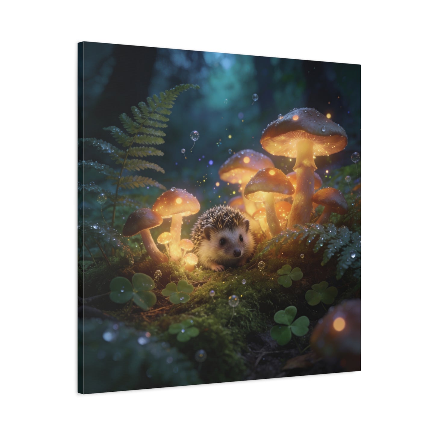 Hedgehog Mushroom Canvas Wall Art - Glowing Forest Fantasy Animal Print - Matte Cotton Art Print, Whimsical Woodland Style - Bedroom Wall Decor, Nursery Home Decoration Accent - Modern Farmhouse Style