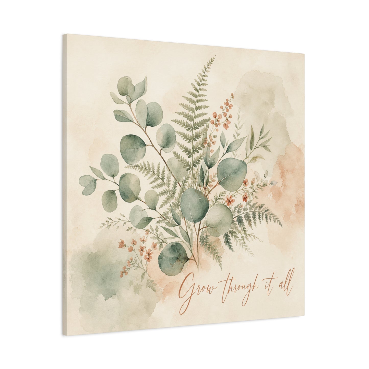 "Grow Through It All" Botanical Canvas Wall Art - Eucalyptus Fern Watercolor Quote Print, Sage Green Floral Home Decor - Modern Farmhouse Style, Bedroom Wall Hanging - Ready to Hang - Ready to Hang
