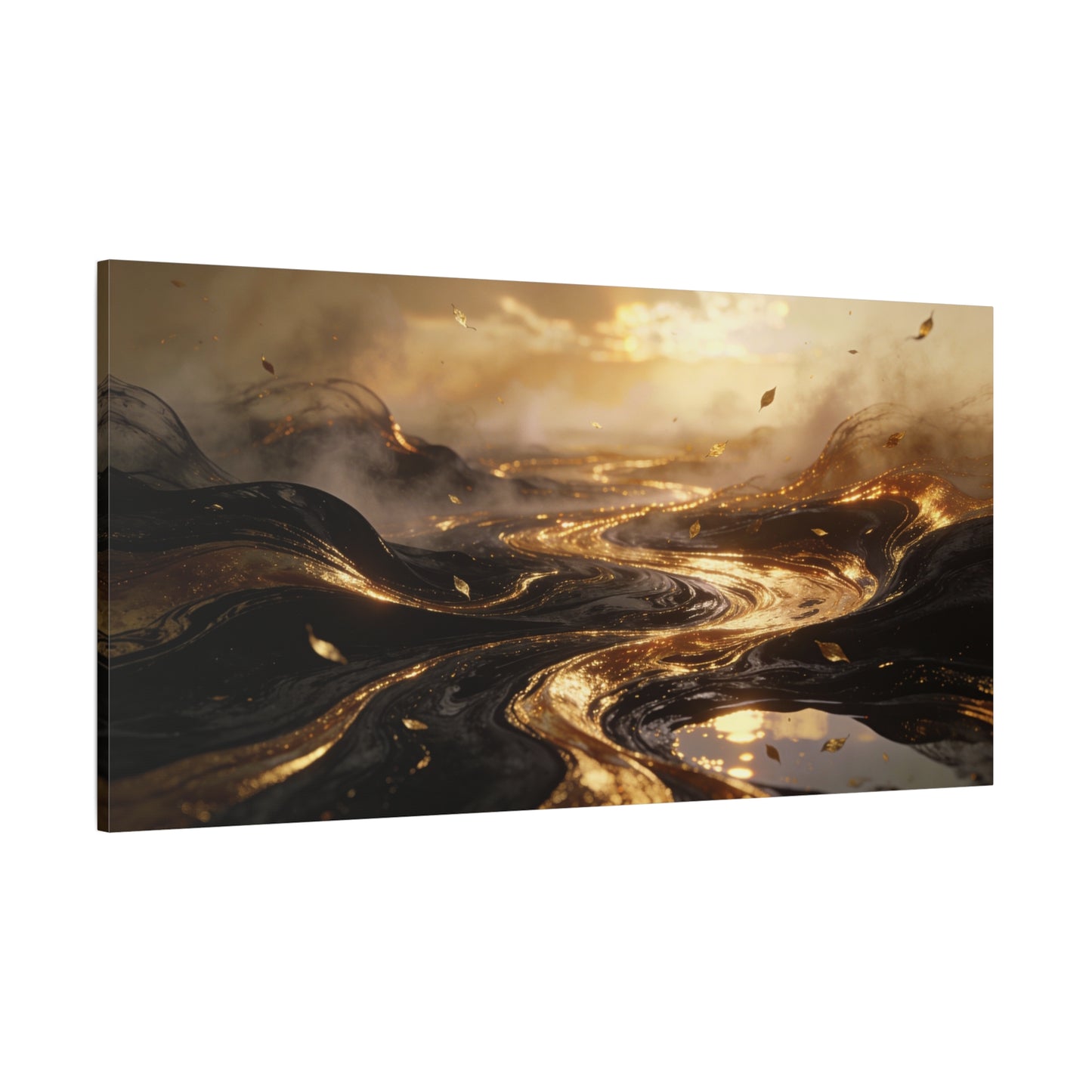 Abstract Gold River Canvas Wall Art - Luminous Flowing Landscape, capiz shells wall decor - Matte Cotton Print, Contemporary Style - Living Room Wall Decor, Bedroom Home Decoration - Ready to Hang