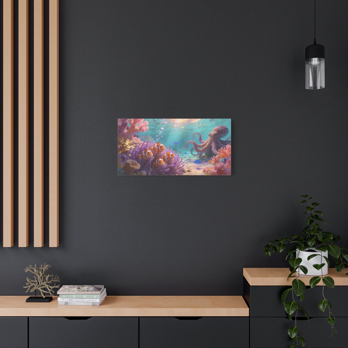 Clownfish And Octopus Canvas Wall Art - Whimsical Underwater Coral Reef Scene, Ocean Nursery Decor, Coastal Style, Matte Canvas Print, Bedroom Decoration, Playroom Accent, Office Art - Ready to Hang