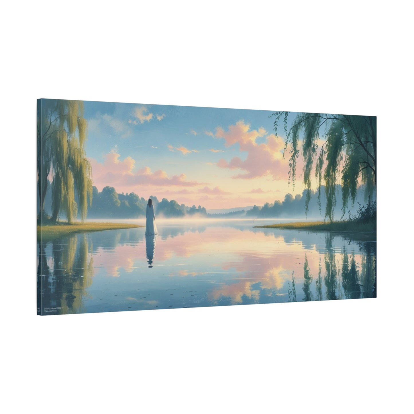 Woman In White By Misty Lake Canvas Wall Art - Pastel Sunrise Waterscape, Willow Trees Reflection - Matte Cotton Print - Contemporary Landscape Decor For Living Room Bedroom Office - Office Wall Art