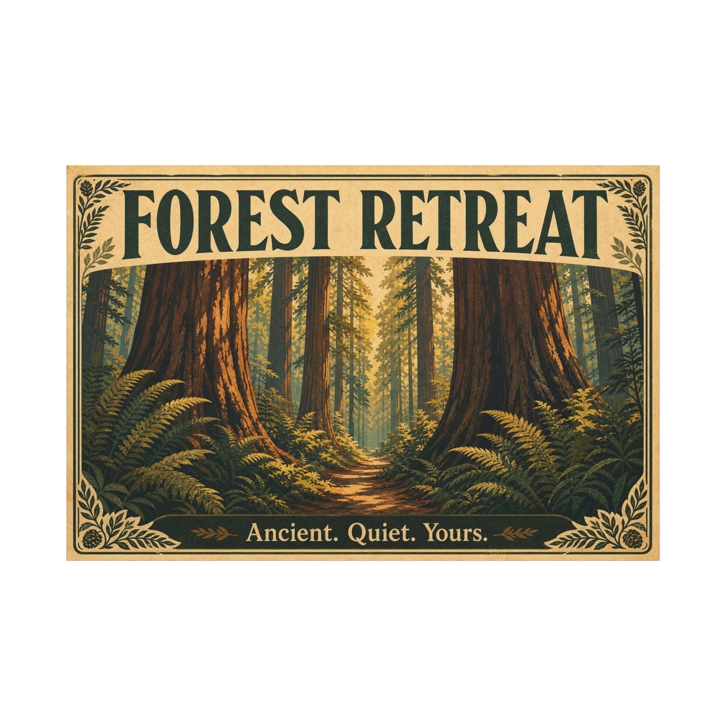 "Forest Retreat" Canvas Wall Art - Vintage Redwood Forest Path Print, Rustic Woodland Home Decor - Ancient. Quiet. Yours. - Cabin Style Living Room Decoration, Bedroom Wall Hanging - Ready to Hang