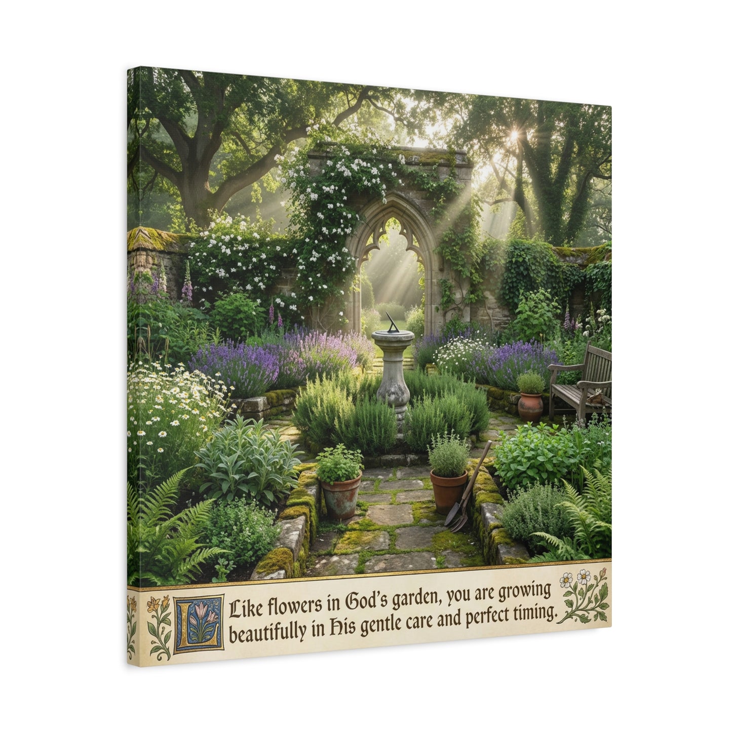 "Like Flowers In God's Garden, You Are Growing Beautifully In His Gentle Care And Divine Timing" Canvas Wall Art - Sunlit Garden Arch, Botanical Landscape Print - Living Room Decor - Office Wall Art