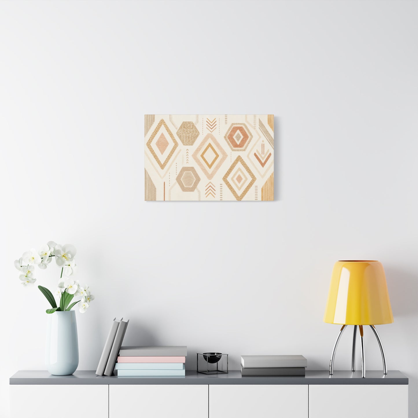Neutral Geometric Canvas Wall Art - Boho Diamond And Hexagon Abstract Pattern - Beige Terracotta Modern Decor - Minimalist Living Room Decoration, Bedroom Accent, Contemporary Office Style