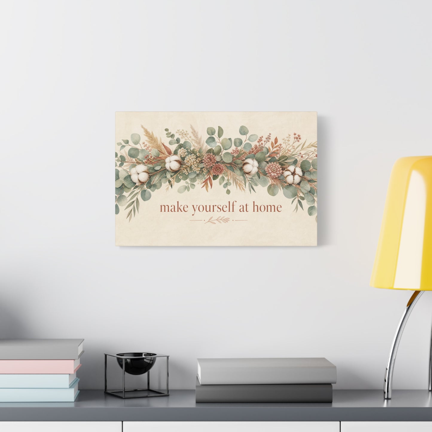 "Make Yourself At Home" Botanical Canvas Wall Art - Eucalyptus Cotton Stem Floral Quote Print - Rustic Farmhouse Style - Living Room Wall Decor - Modern Farmhouse Style - Bedroom Home Decoration