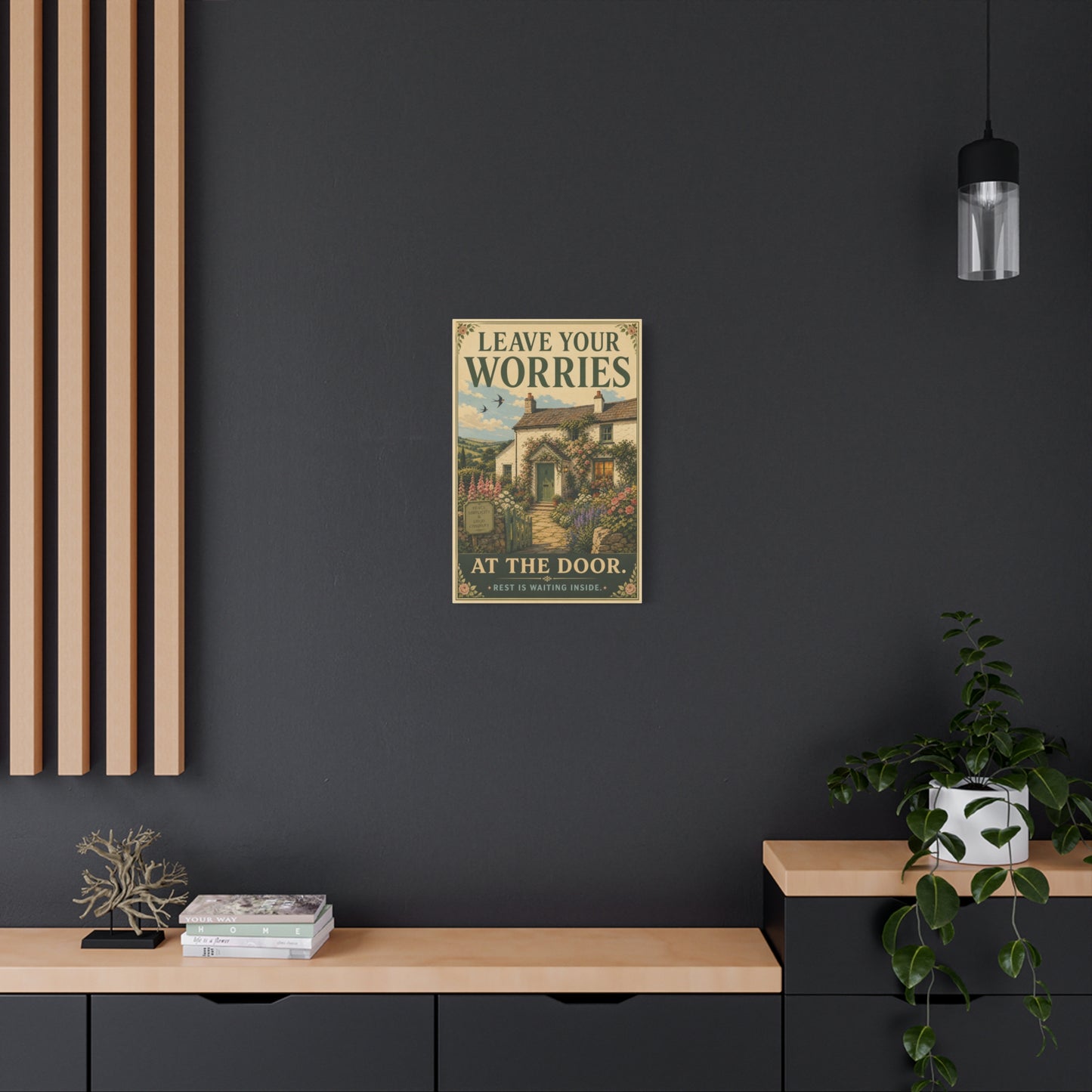 "Leave Your Worries At The Door. Rest Is Waiting Inside." Canvas Wall Art - Vintage Cottage Garden Quote Print, Floral Farmhouse Style, Bedroom Home Decoration, Entryway Decor - Living Room Wall Decor