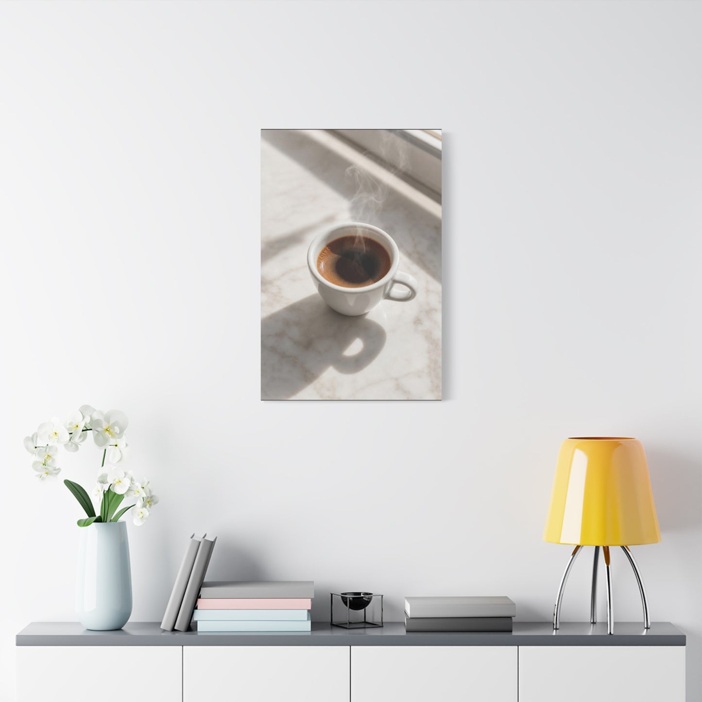 Steaming Espresso Coffee Cup Canvas Wall Art - Minimalist Sunlit Art Print, Matte Cotton Print - Contemporary Kitchen Decor, Dining Room Accent, Cafe Wall Decor, Office Art - Bedroom Home Decoration