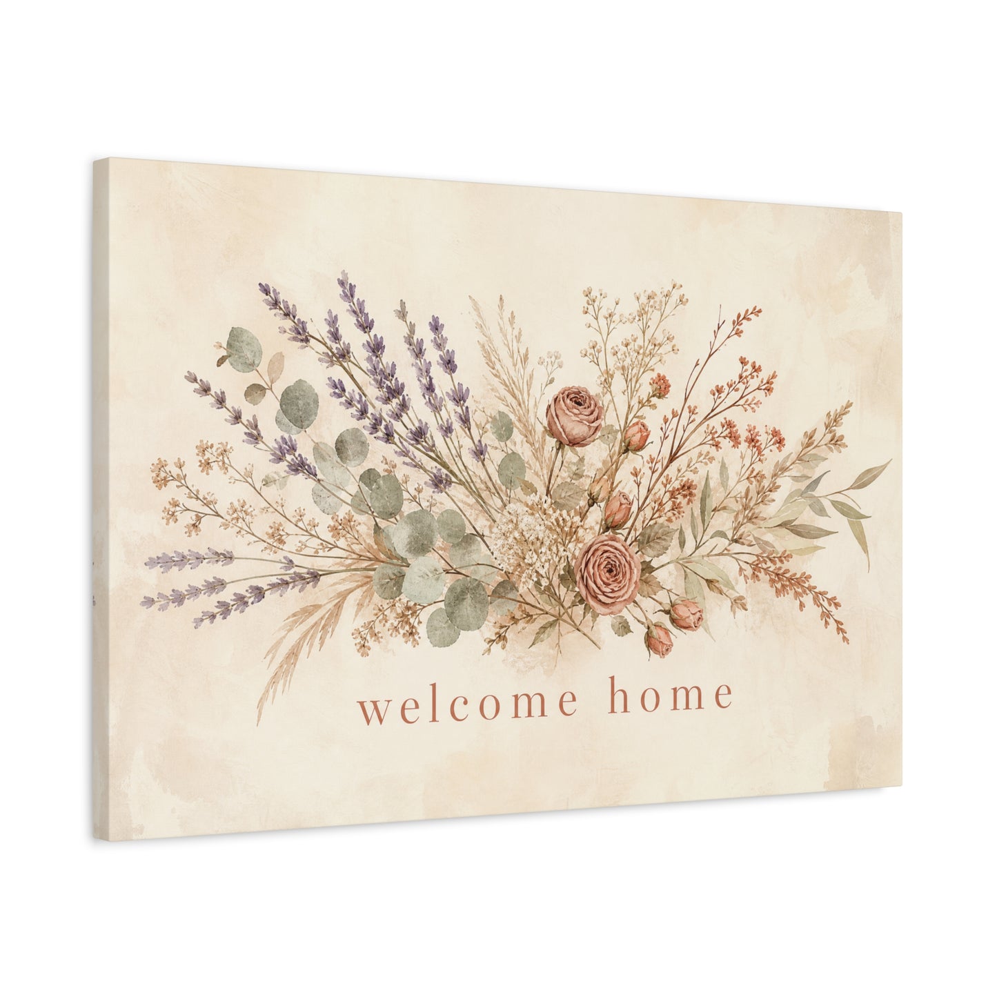 "Welcome Home" Floral Canvas Wall Art - Rustic Botanical Bouquet, Lavender Rose Eucalyptus Print - Farmhouse Wall Decor, Entryway Home Decoration - Ready to Hang - Modern Farmhouse Style