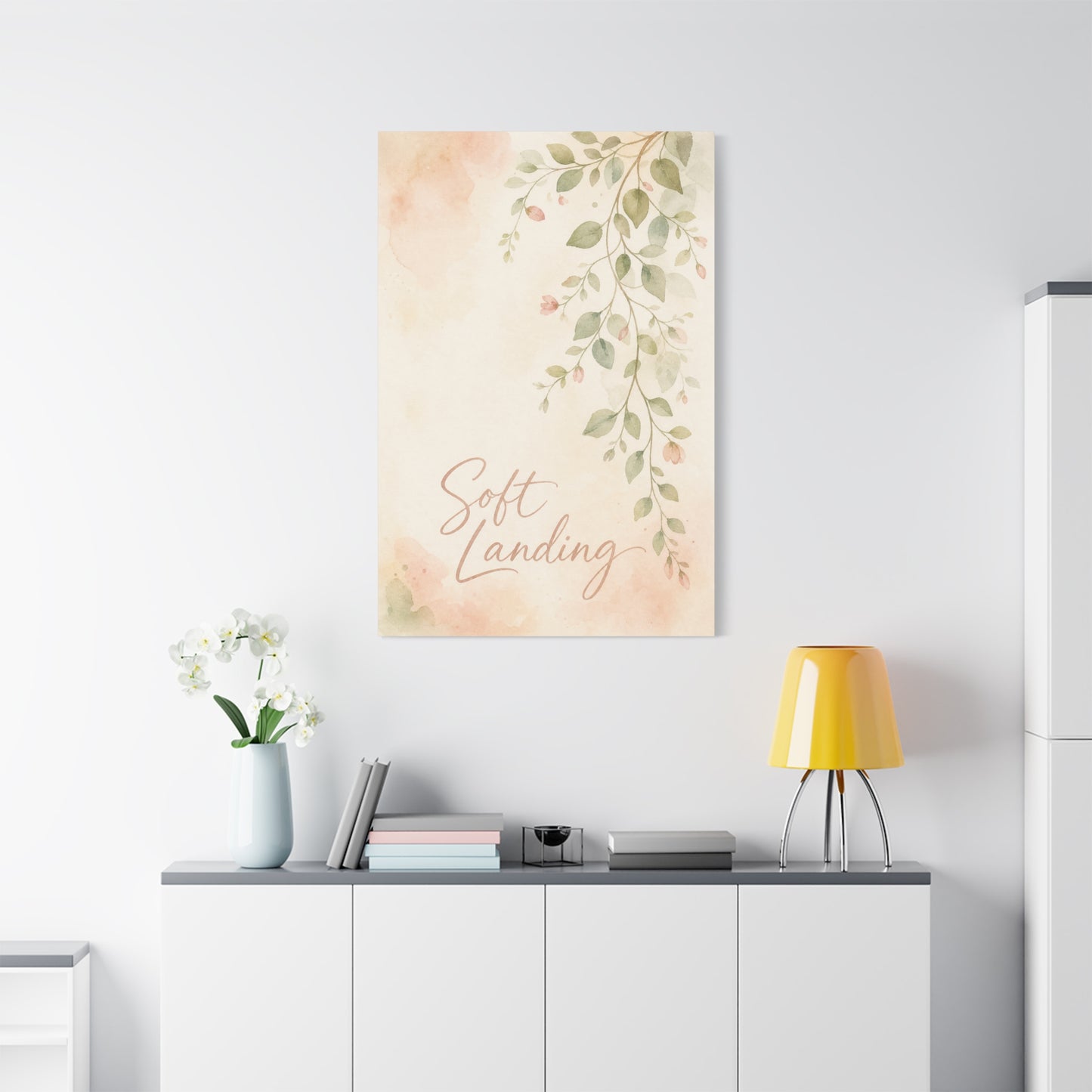 "Soft Landing" Botanical Canvas Wall Art - Watercolor Leaf Branch Quote Print - Blush Sage Floral Typography Decor - Bedroom Wall Hanging - Bedroom Home Decoration - Modern Farmhouse Style