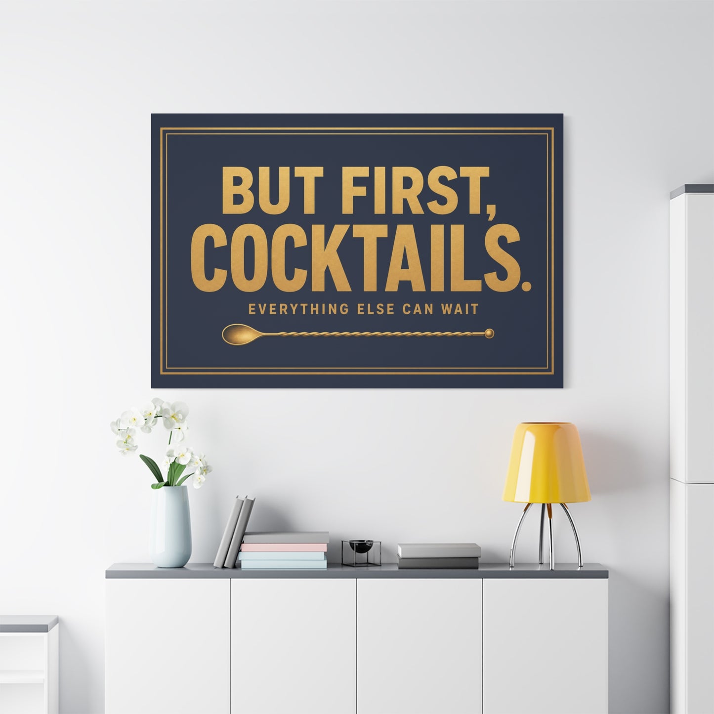 "But First, Cocktails. Everything Else Can Wait" Canvas Wall Art - Navy And Gold Typography Bar Decor - Modern Cocktail Lounge Print - Ready to Hang
