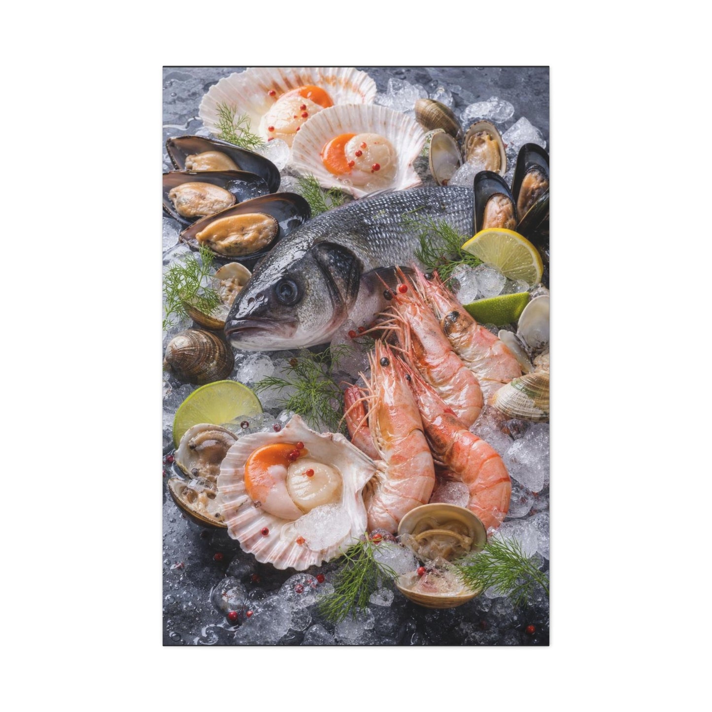 Seafood Still Life Canvas Wall Art - Fish, Shrimp, Scallops On Ice Food Print - Coastal Kitchen Decor, Dining Room Wall Decor, Contemporary Home Decoration, Matte Canvas Print - Modern Farmhouse Style