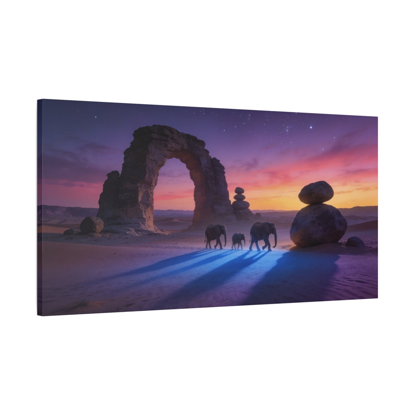 Desert Elephant Canvas Wall Art - Rock Arch Sunset Landscape, Surreal Starry Sky - Matte Cotton Art Print - Contemporary Style, Living Room Wall Decor, Bedroom Home Decoration - Modern Farmhouse Style