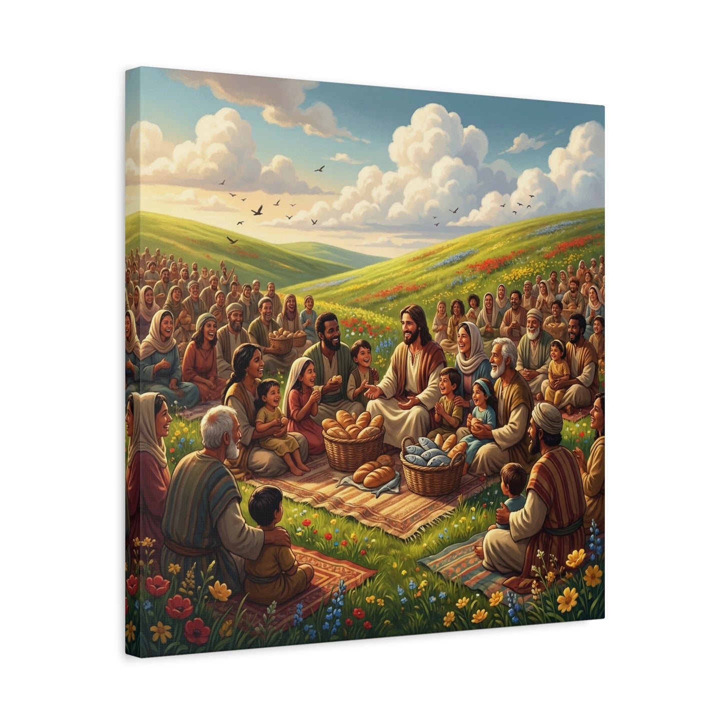 Jesus Feeding The Multitude Canvas Wall Art - Bread And Fish Biblical Scene - Meadow Landscape Christian Home Decor - Matte Cotton Print For Living Room, Bedroom, Office, Meditation Space