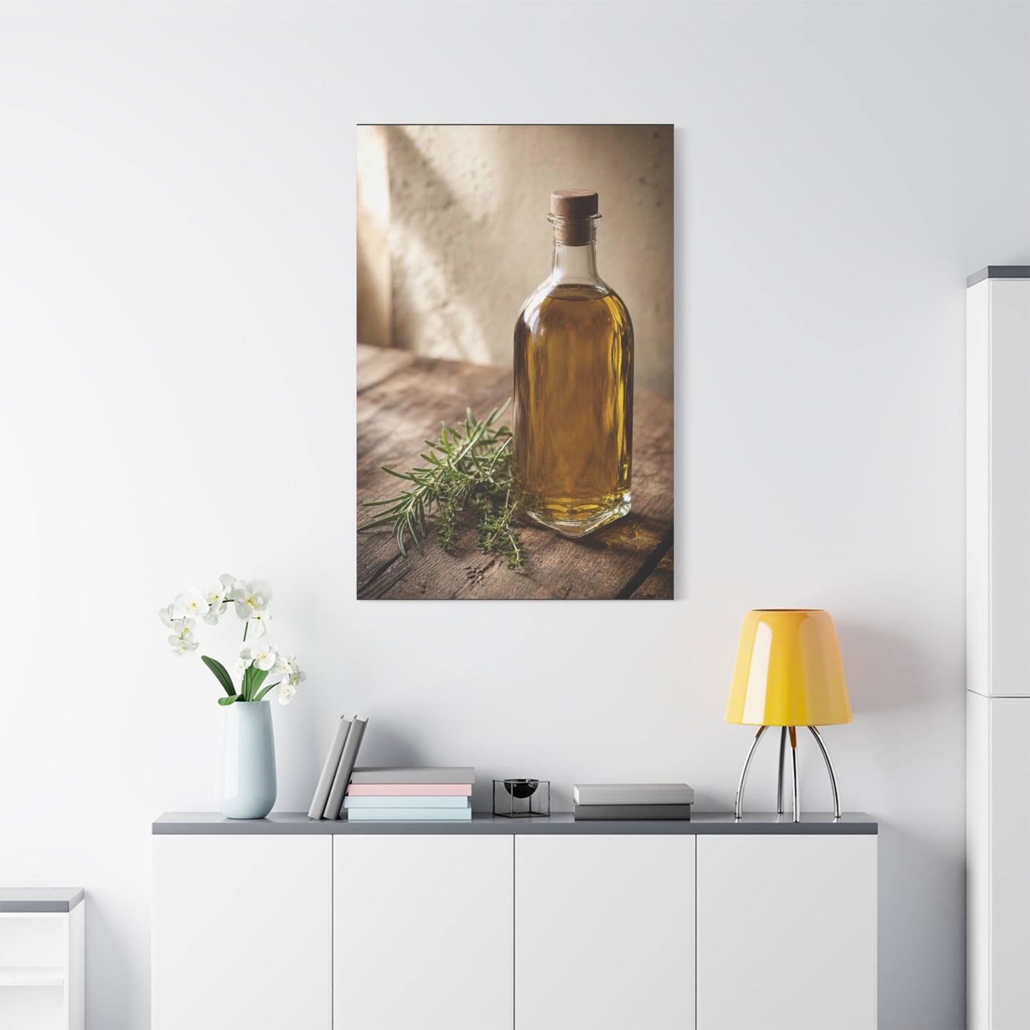 Olive Oil Bottle Canvas Wall Art - Rustic Kitchen Still Life, Rosemary Herb Art Print - Warm Neutral Farmhouse Style - Dining Room Wall Decor, Pantry Home Accent - Bedroom Home Decoration