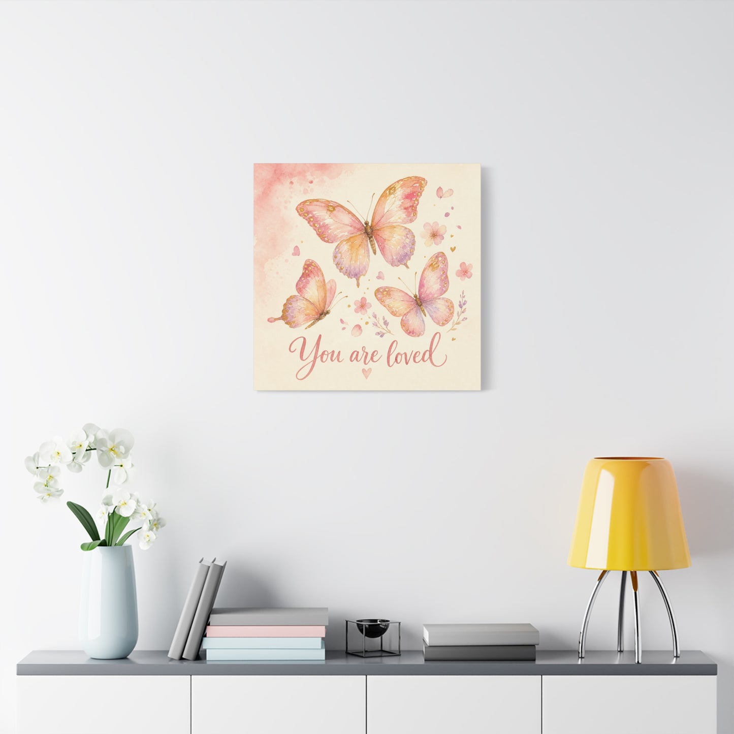 "You Are Loved" Butterfly Canvas Wall Art - Pink Watercolor Butterflies, Inspirational Nursery Decor - Soft Pastel Floral Home Decoration - Bedroom Wall Hanging, Baby Girl Room Accent - Ready to Hang