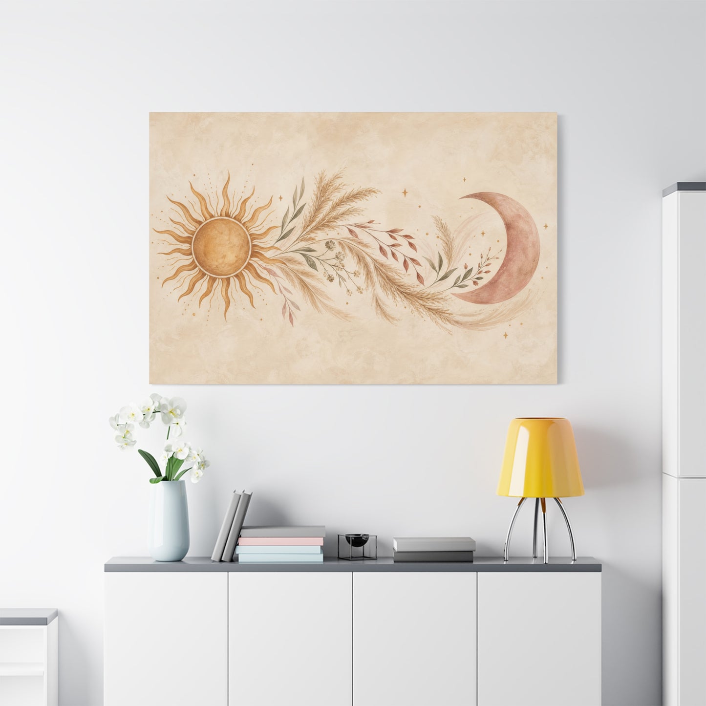 Boho Sun And Moon Canvas Wall Art - Celestial Botanical Pampas Grass Print - Neutral Beige Terracotta Modern Bohemian Decor - Bedroom Living Room Wall Decor - Meditation Space Accent - Ready to Hang