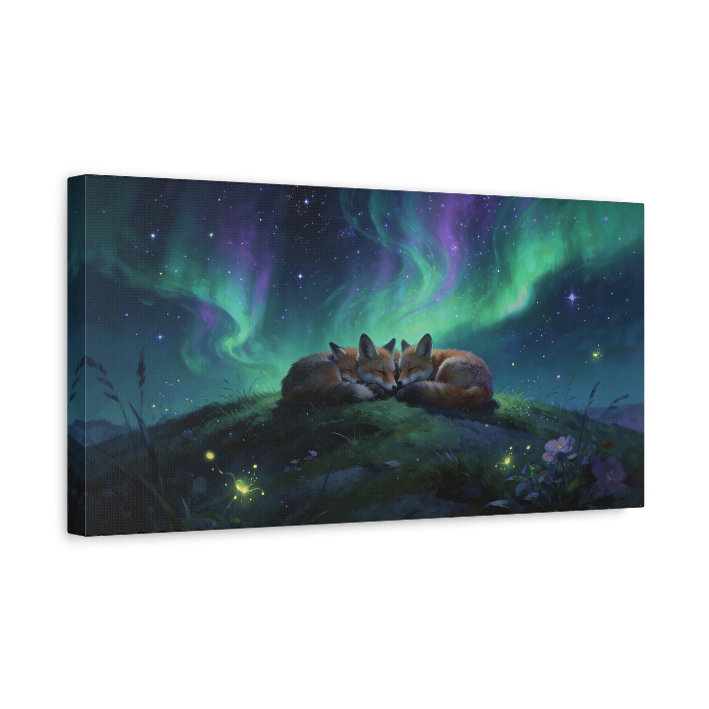 Sleeping Red Foxes Canvas Wall Art - Aurora Borealis Night Sky Animal Print - Dreamy Matte Canvas Print, Whimsical Wildlife Style - Bedroom Home Decoration, Nursery Wall Hanging - Ready to Hang