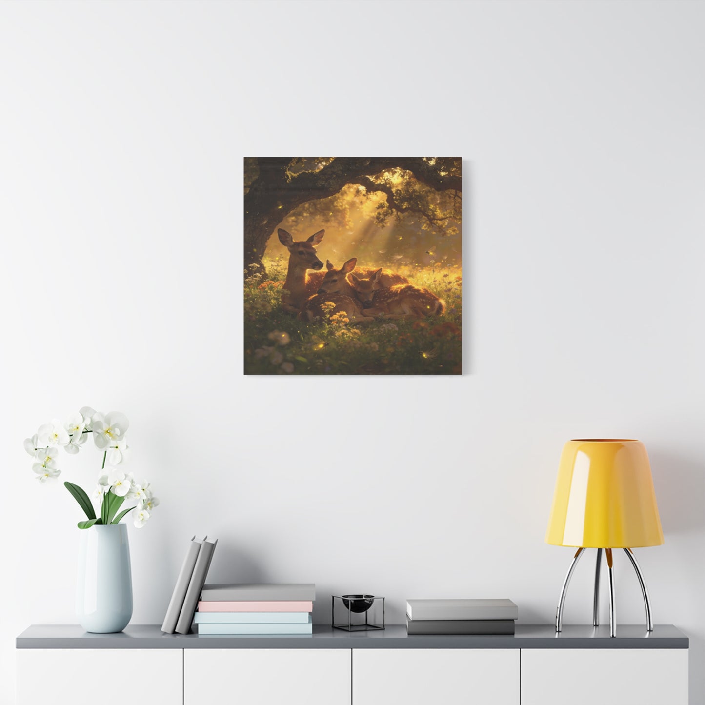 Doe And Fawns Canvas Wall Art - Woodland Deer Family In Golden Light, Whimsical Nature Scene - Matte Finish Cotton Print - Rustic Traditional Style - Bedroom Wall Decor - Bedroom Home Decoration