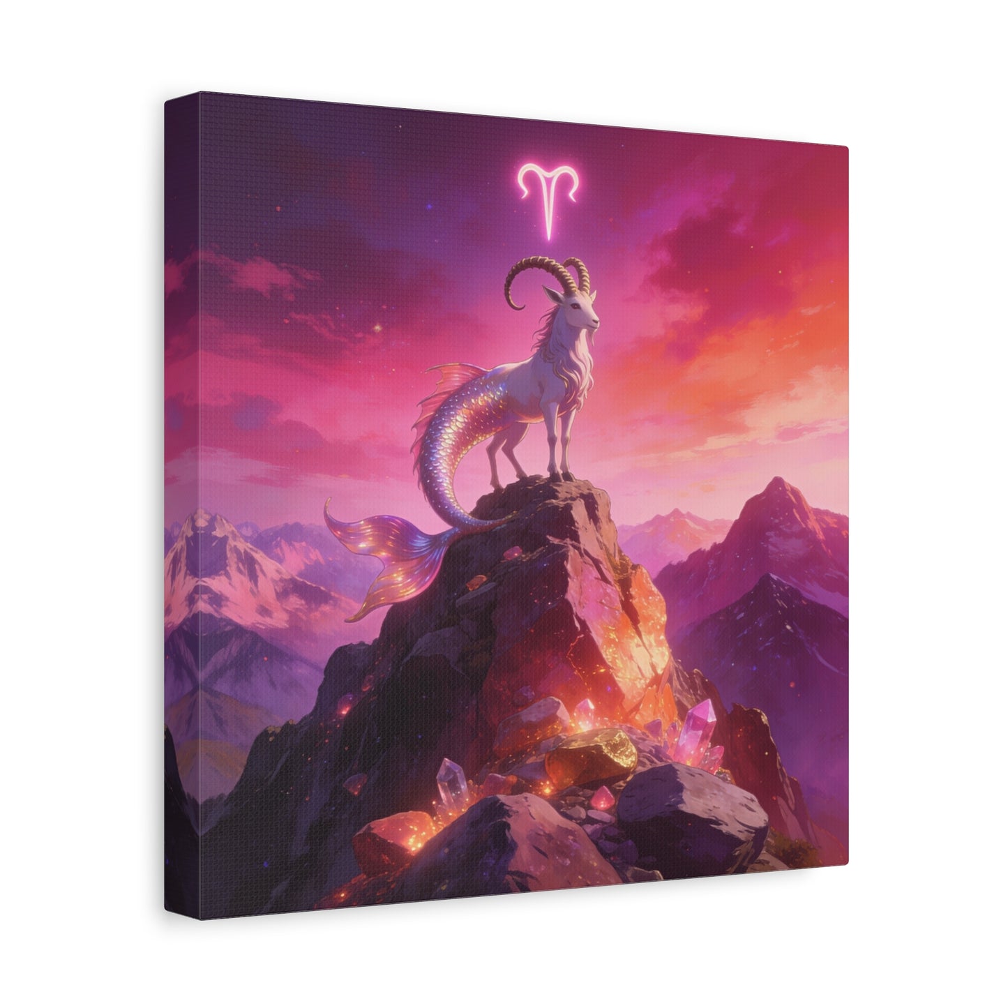 Aries Zodiac Mermaid Goat Canvas Wall Art - Fantasy Mountain Crystal Scene - Pink Purple Celestial Illustration - Modern Mystical Decor, Bedroom Home Decoration, Office Wall Art - Ready to Hang