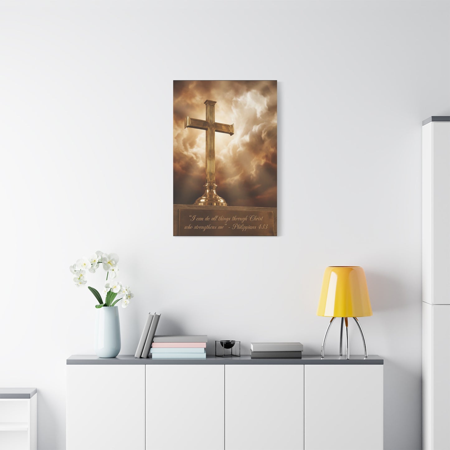 "I Can Do All Things Through Christ Who Strengthens Me" Christian Canvas Wall Art - Gold Cross, Philippians 4:13 Scripture Print - Traditional Faith Decor, Bedroom Living Room - Living Room Wall Decor