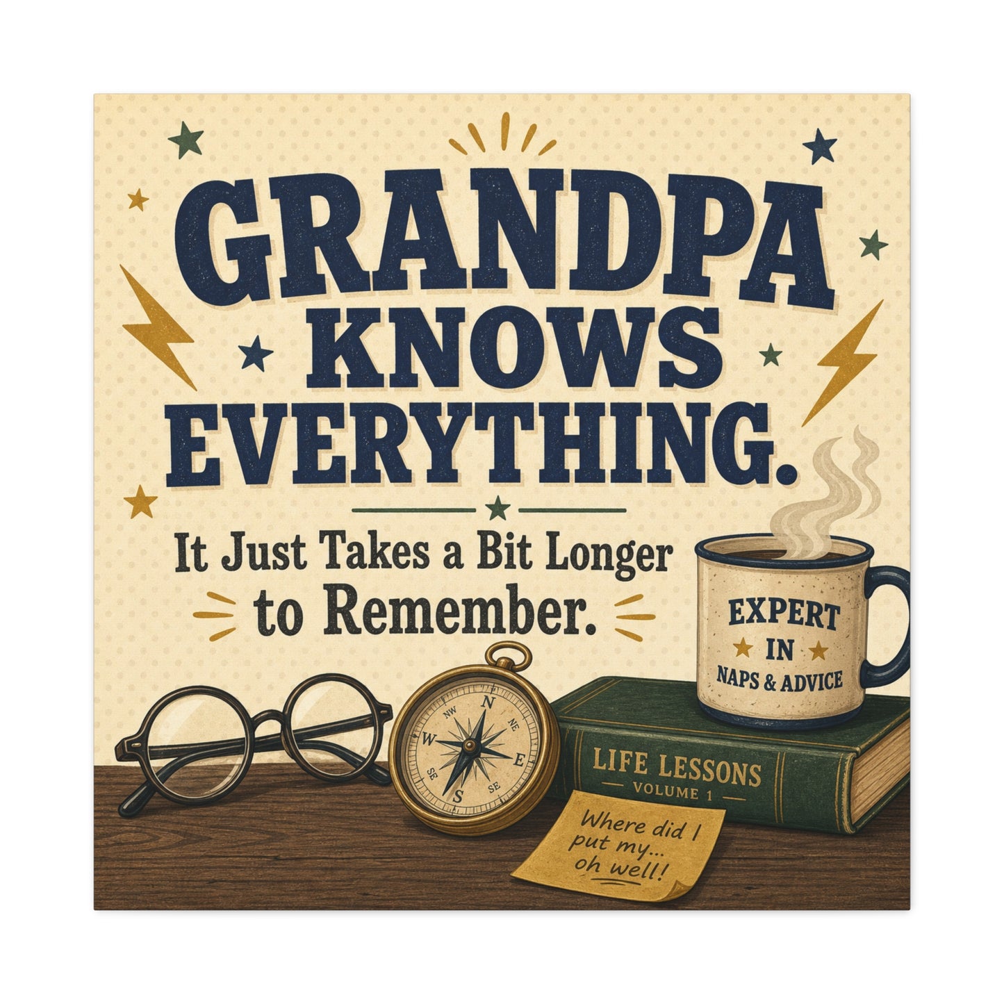 "Grandpa Knows Everything. It Just Takes A Bit Longer To Remember." Canvas Wall Art - Vintage Grandpa Quote Print, Rustic Typography Decor, Living Room Home Decoration - Office Wall Art