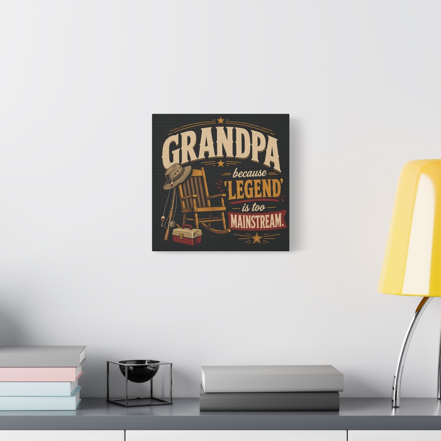 "Grandpa Because 'Legend' Is Too Mainstream" Canvas Wall Art - Vintage Fishing Rocking Chair Print - Rustic Typography Decor - Living Room Wall Decor - Ready to Hang - Bedroom Home Decoration