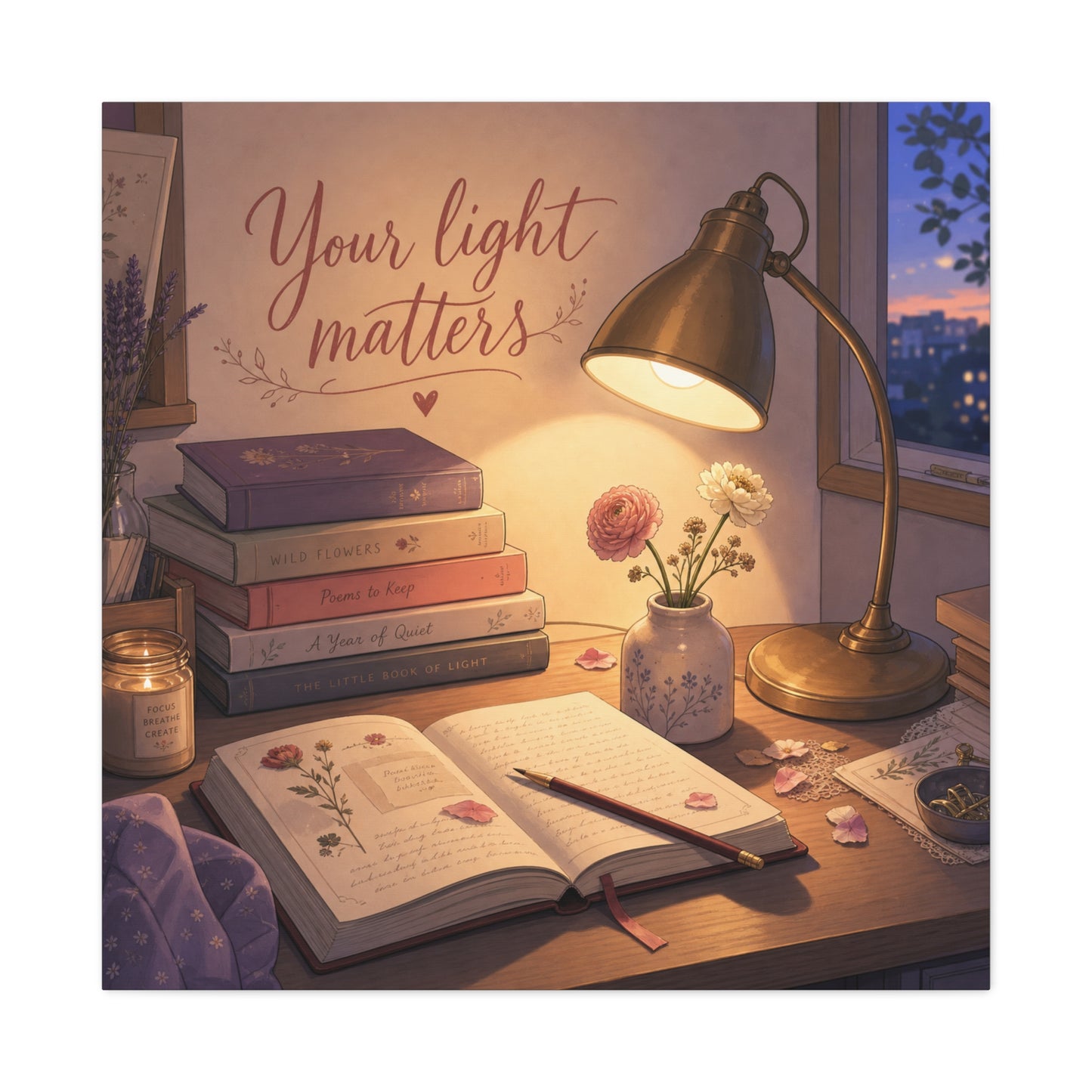 "Your Light Matters" Inspirational Canvas Wall Art - Cozy Desk Lamp Books Floral Print - Warm Vintage Bedroom Wall Decor - Reading Nook Home Decoration - Ready to Hang - Bedroom Home Decoration