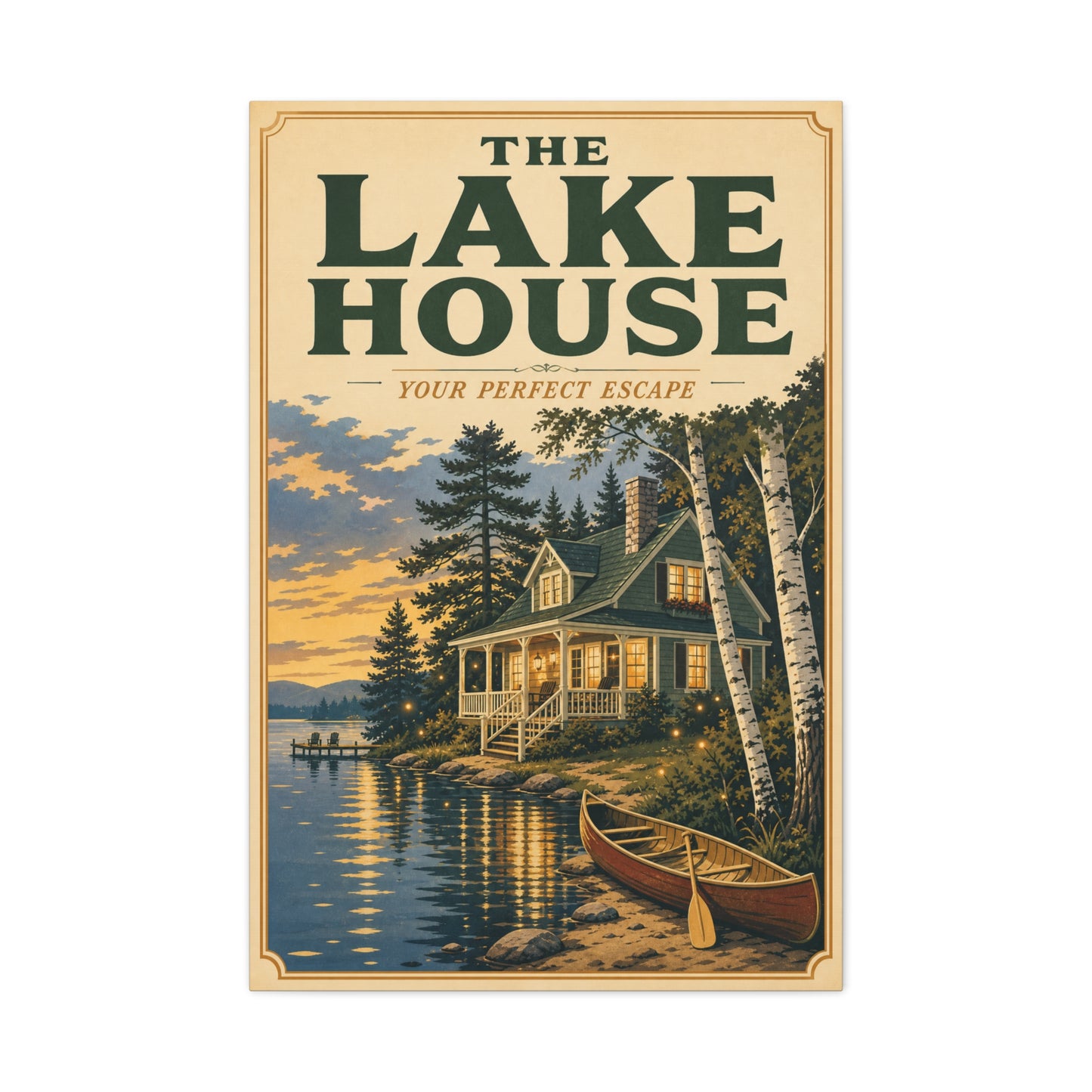 "The Lake House Your ideal Escape" Canvas Wall Art - Vintage Lakeside Cabin, Canoe And Birch Trees - Rustic Landscape Print - Living Room Wall Decor, Cabin Home Decoration - Bedroom Home Decoration
