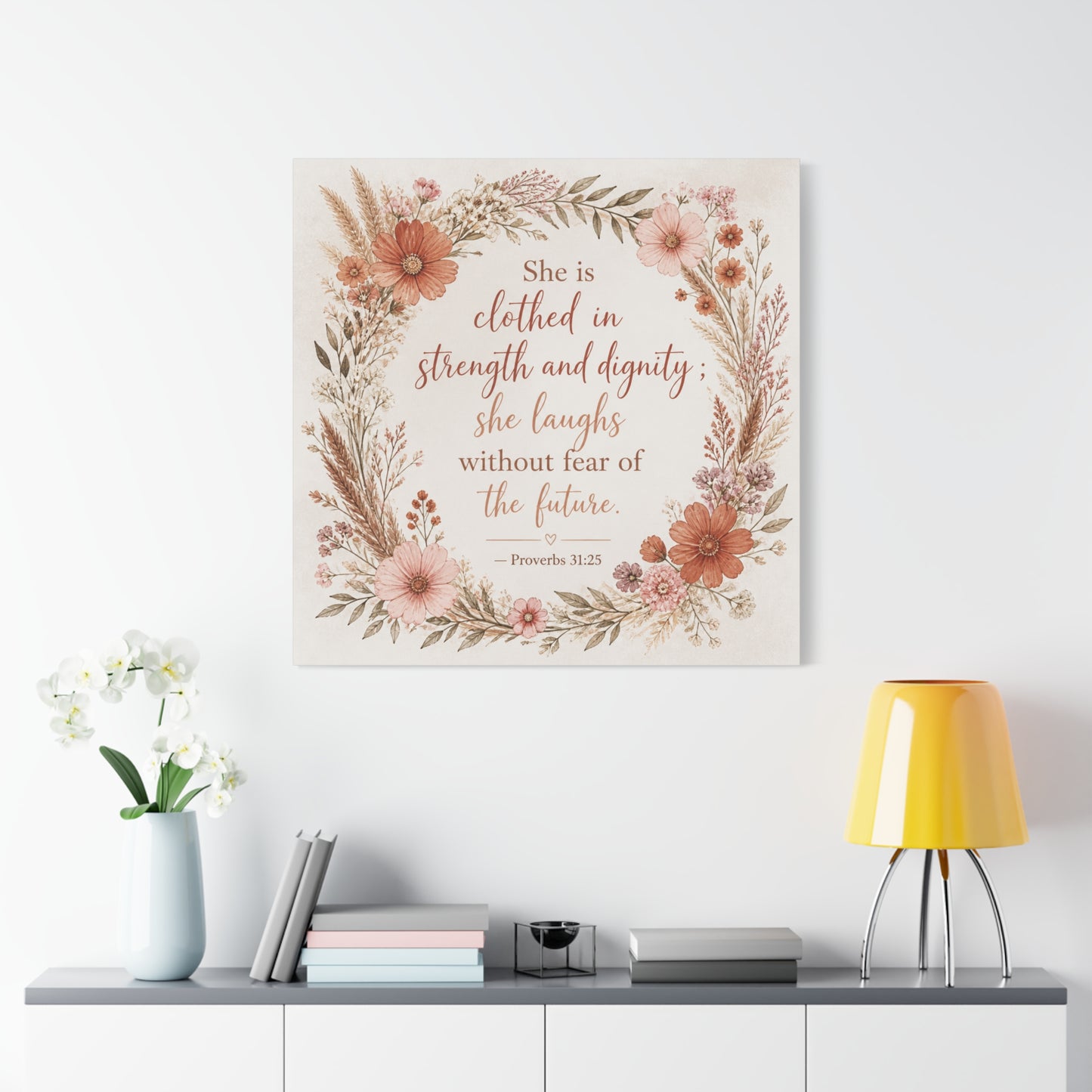 "She Is Clothed In Strength And Dignity" Floral Canvas Wall Art - Proverbs 31:25 Scripture Quote, Blush Wildflower Wreath, Farmhouse Style, Bedroom Wall Decor - Bedroom Home Decoration - Ready to Hang