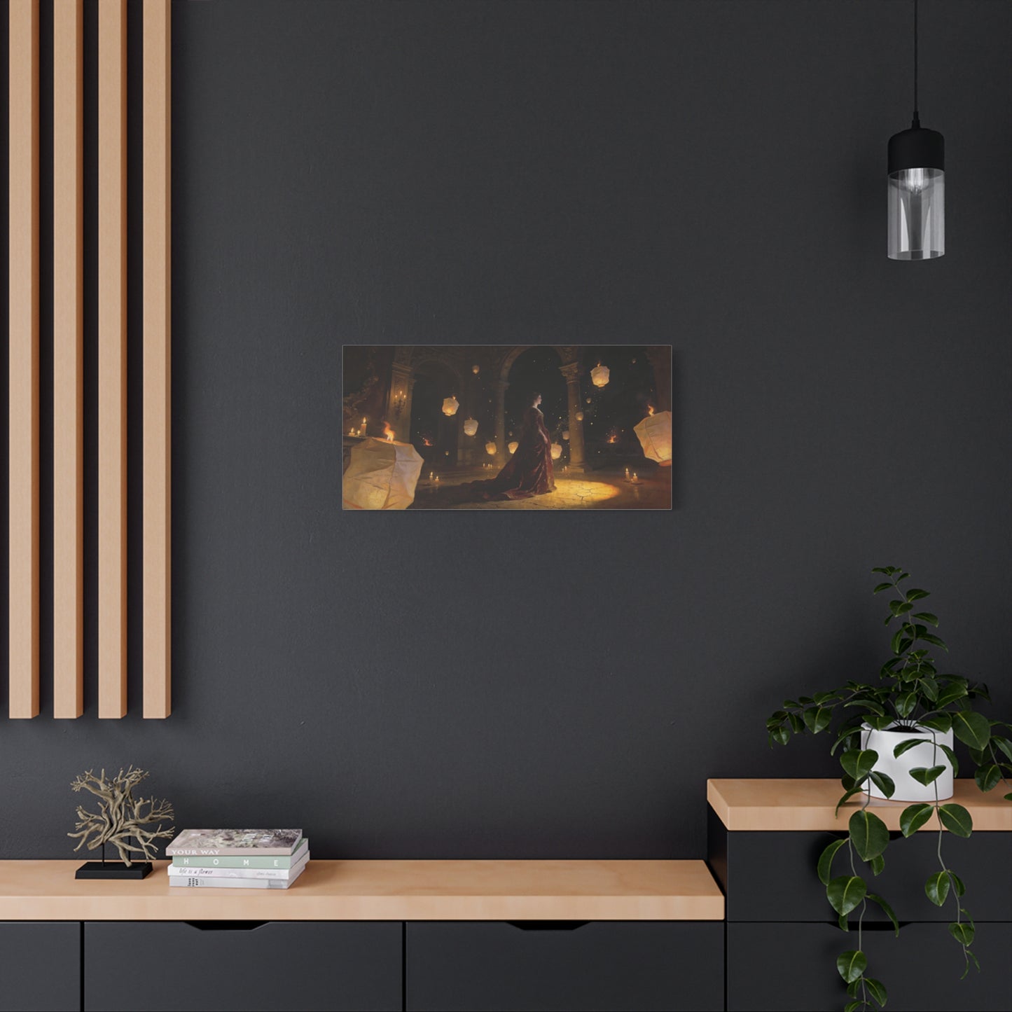 Woman In Candlelit Palace Canvas Wall Art - Floating Lantern Fantasy Scene, Dark Romantic Matte Canvas Print - Traditional Style, Living Room Wall Decor, Bedroom Home Accent - Bedroom Home Decoration