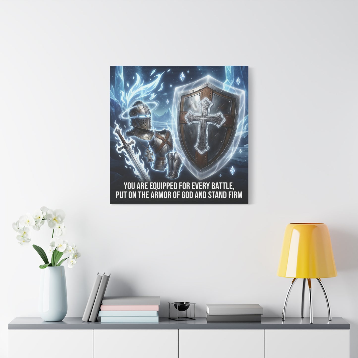 "You Are Equipped For Every Battle, Put On The Armor Of God And Stand Firm" Christian Canvas Wall Art - Knight Armor, Cross Shield, Scripture Decor - Blue Fantasy Style - Living Room - Office Wall Art