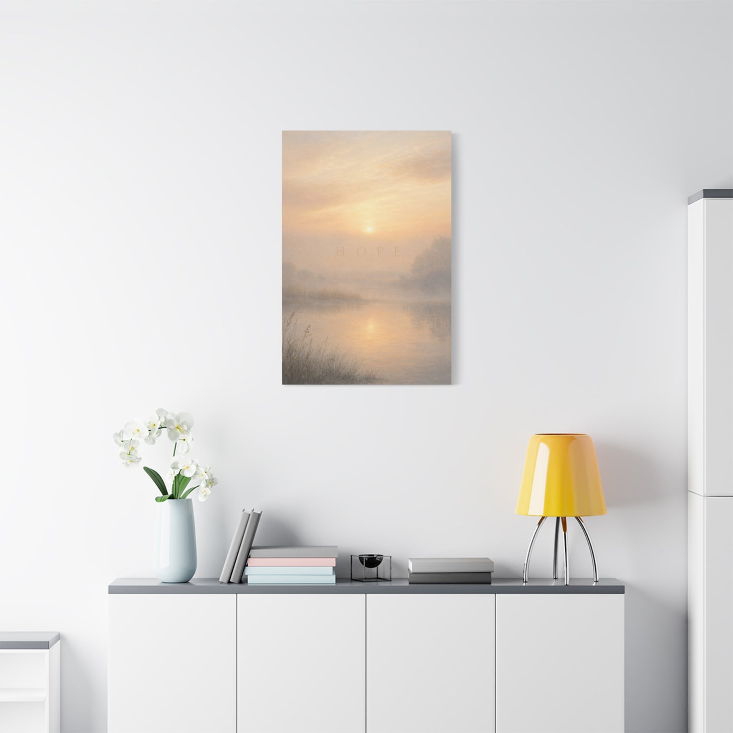 "Hope" Misty Sunrise Lake Canvas Wall Art - Serene Landscape Print, Inspirational Bedroom Wall Decor, Soft Neutral Home Decoration, Contemporary Meditation Space Accent - Bedroom Home Decoration