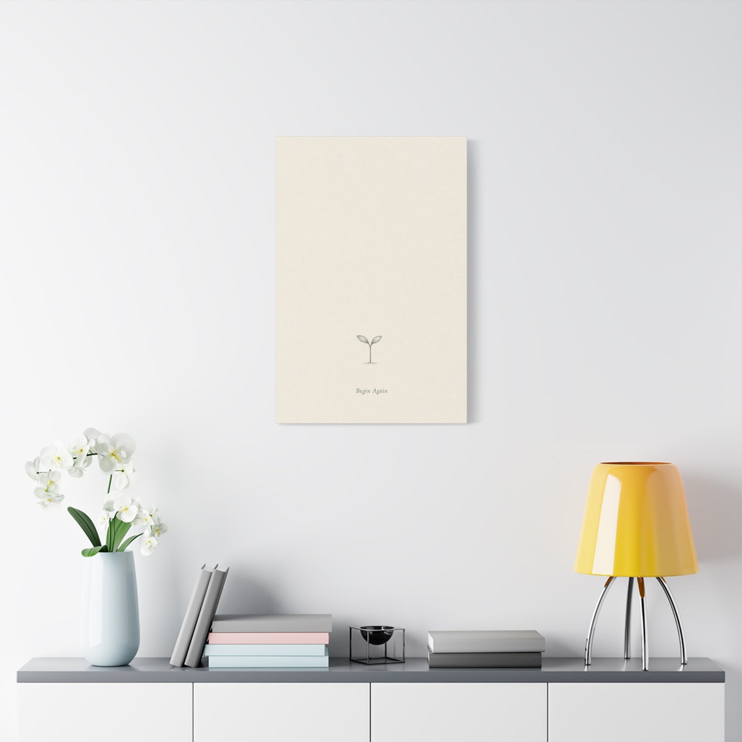 "Begin Again" Minimalist Sprout Canvas Wall Art - Botanical Quote Print, Neutral Beige Cotton Canvas, Modern Calm Bedroom Decor, Living Room Home Decoration, Office Wall Accent - Ready to Hang
