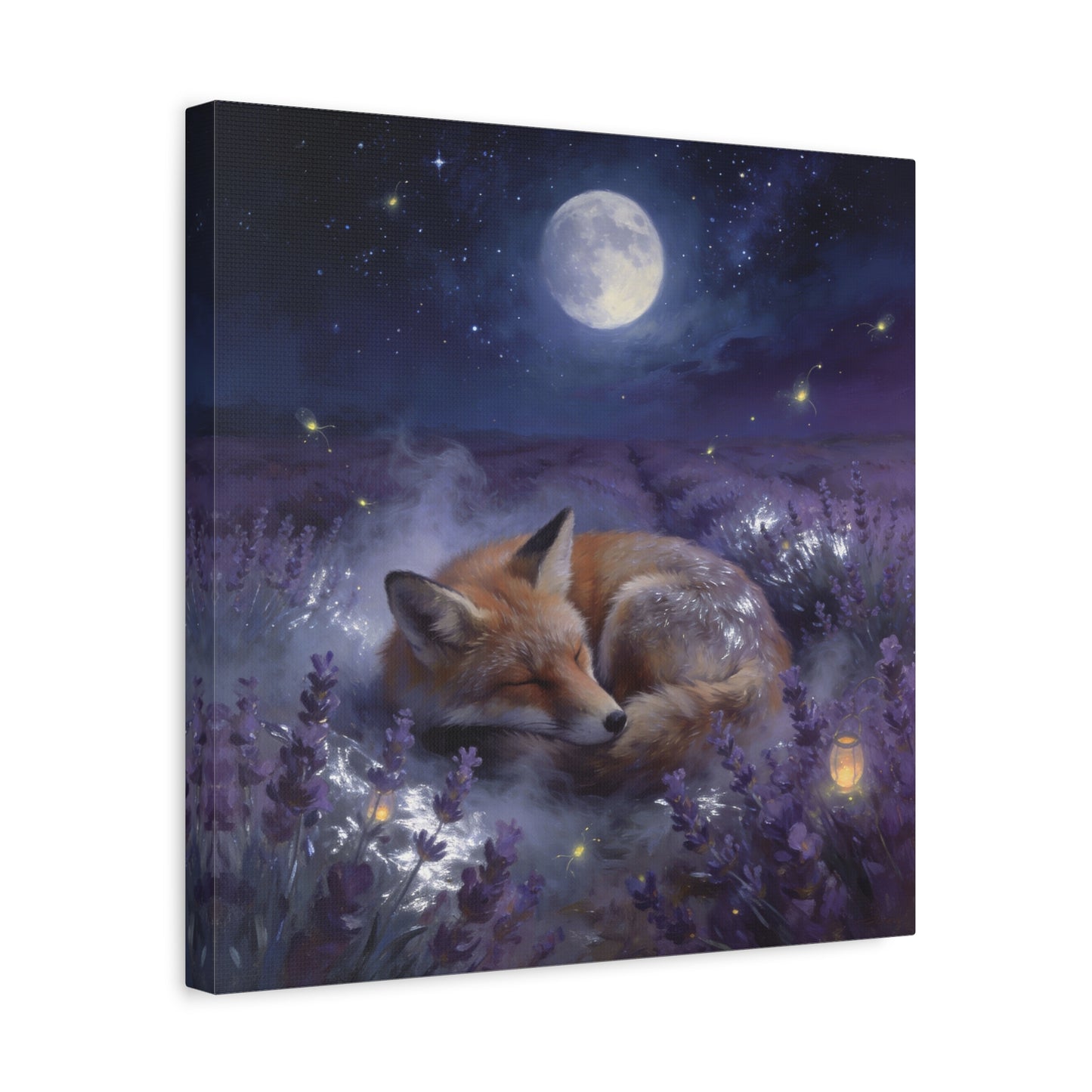 Sleeping Red Fox Canvas Wall Art - Moonlit Lavender Field, Fireflies, Starry Night Sky - Dreamy Woodland Animal Print - Matte Finish Canvas - Bedroom Wall Decor, Nursery Accent - Cozy Reading Nook Art