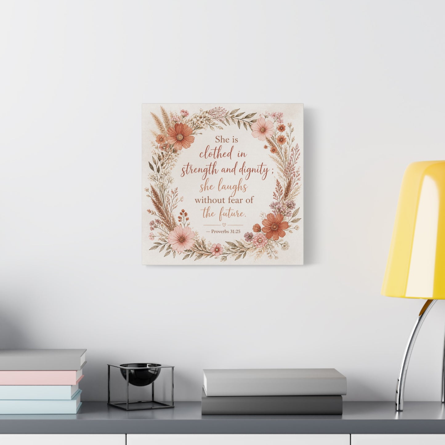 "She Is Clothed In Strength And Dignity" Floral Canvas Wall Art - Proverbs 31:25 Scripture Quote, Blush Wildflower Wreath, Farmhouse Style, Bedroom Wall Decor - Bedroom Home Decoration - Ready to Hang