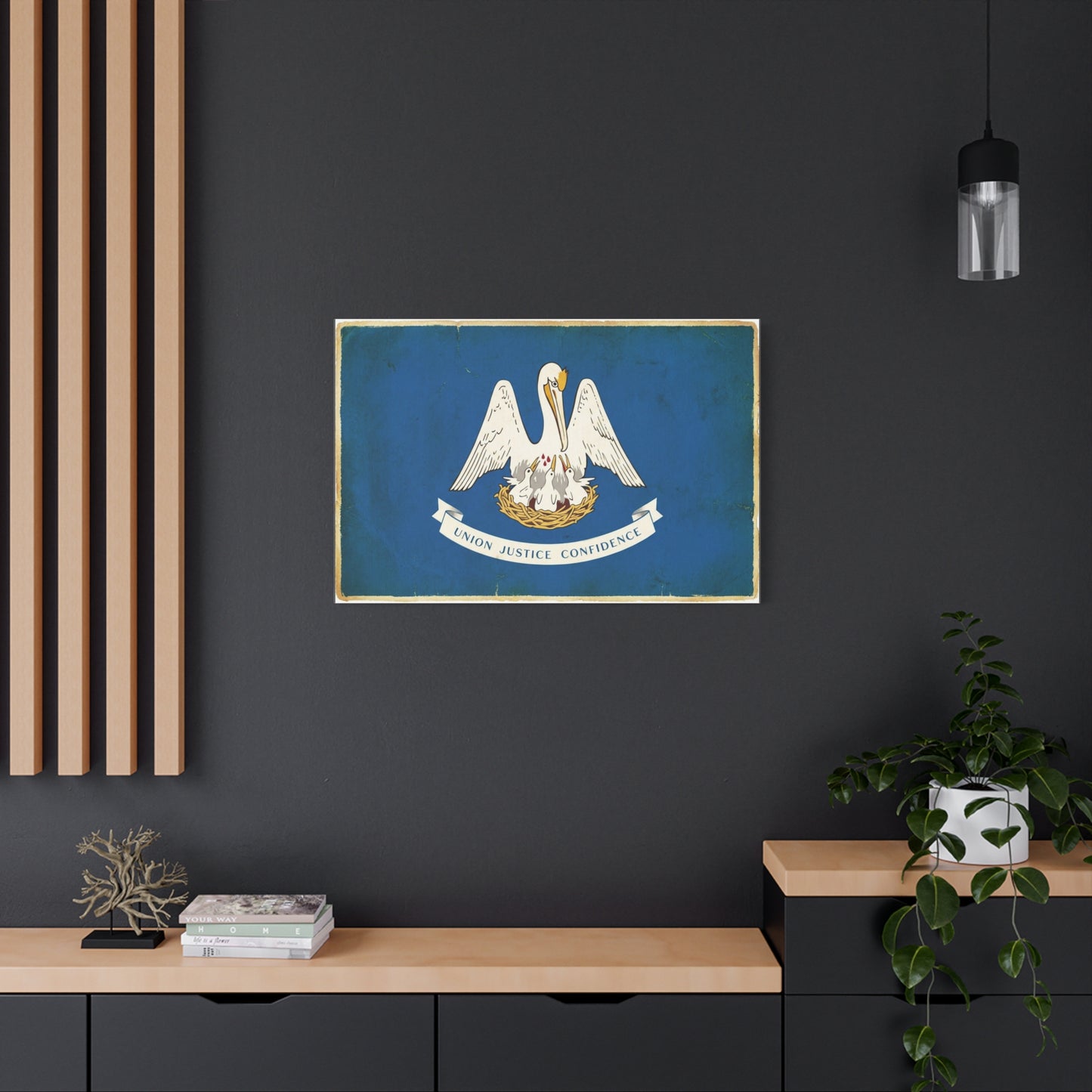 "Union Justice Confidence" Louisiana State Flag Canvas Wall Art - Vintage Pelican Crest Print, Distressed Blue Banner, Patriotic Traditional Decor - Living Room Office Wall Decor - Ready to Hang
