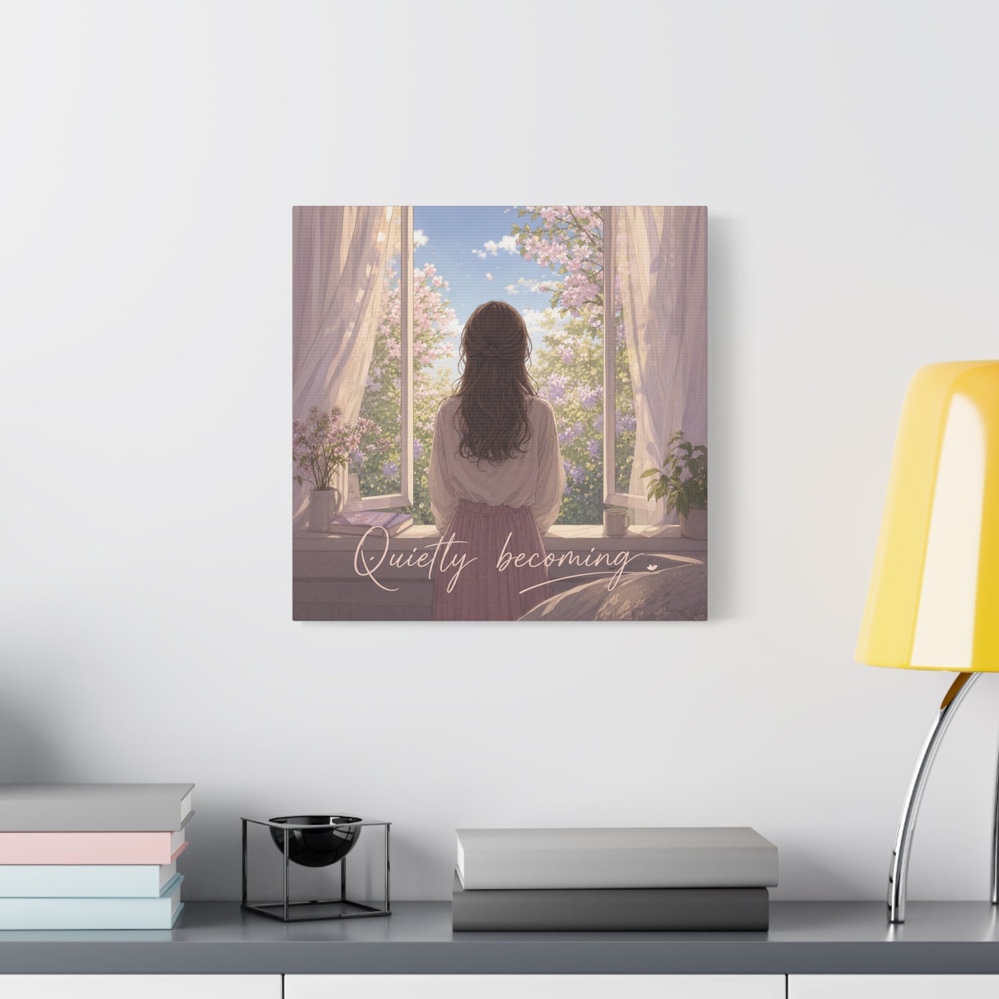 "Quietly Becoming" Girl At Window Canvas Wall Art - Cherry Blossom Bedroom Decor, Soft Pastel Inspirational Print, Dreamy Feminine Room Decoration - Bedroom Home Decoration - Living Room Wall Decor
