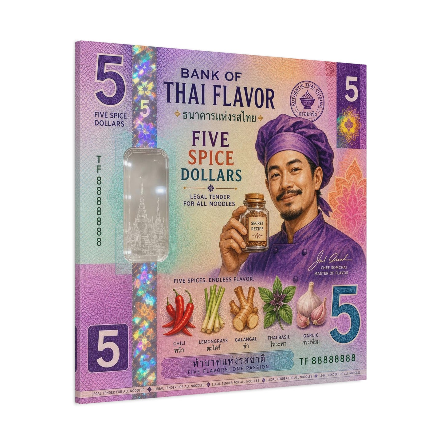 "Bank Of Thai Flavor" Thai Chef Canvas Wall Art - Five Spice Dollars Food Illustration, Colorful Typography Print, Eclectic Kitchen Decor, Cafe Wall Decor, Restaurant Wall Accent - Ready to Hang