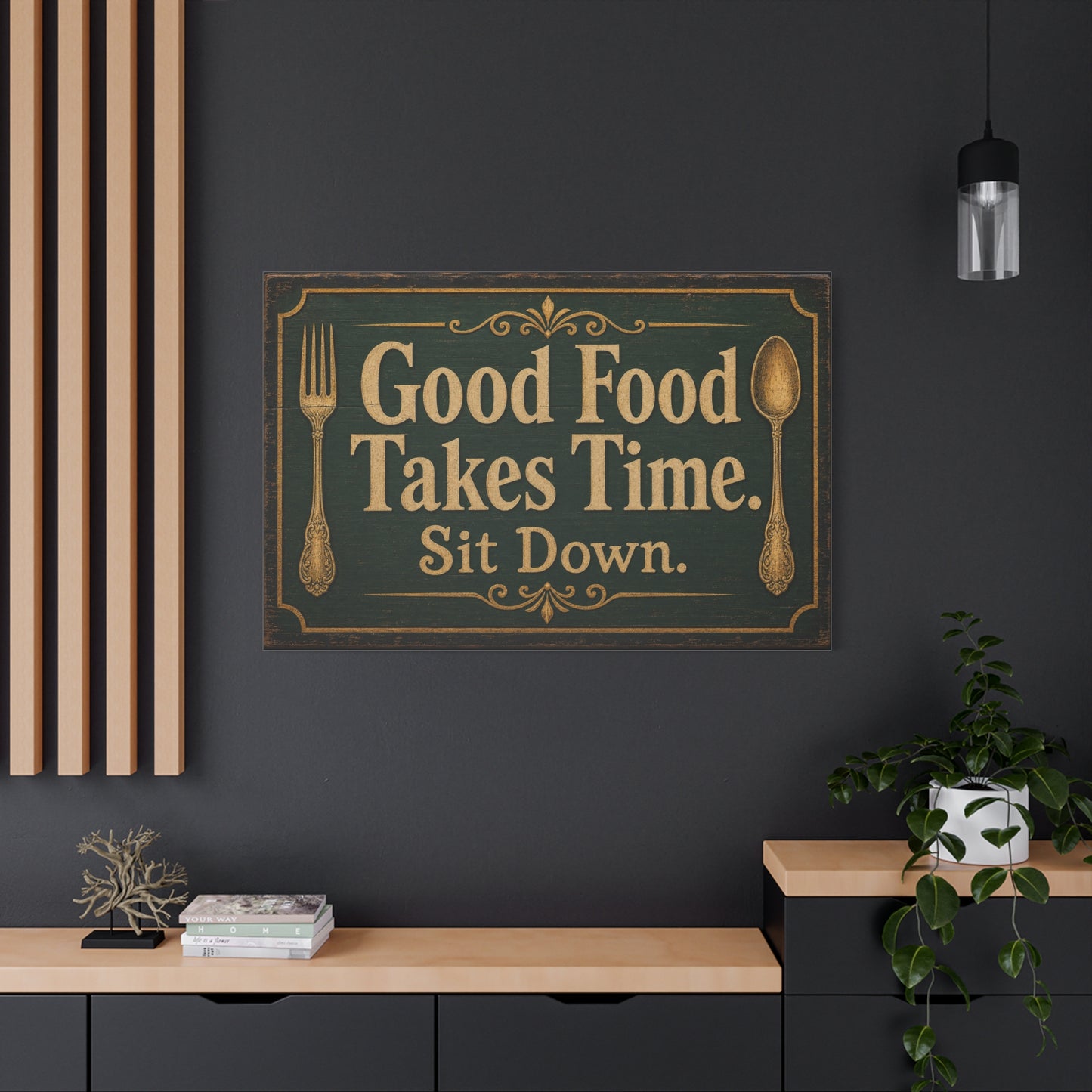 "Good Food Takes Time. Sit Down." Canvas Wall Art - Vintage Typography Decor - Rustic Farmhouse, Restaurant Wall Hanging - Modern Farmhouse Style - Ready to Hang - Bistro Sign Decor - HP Latex Print