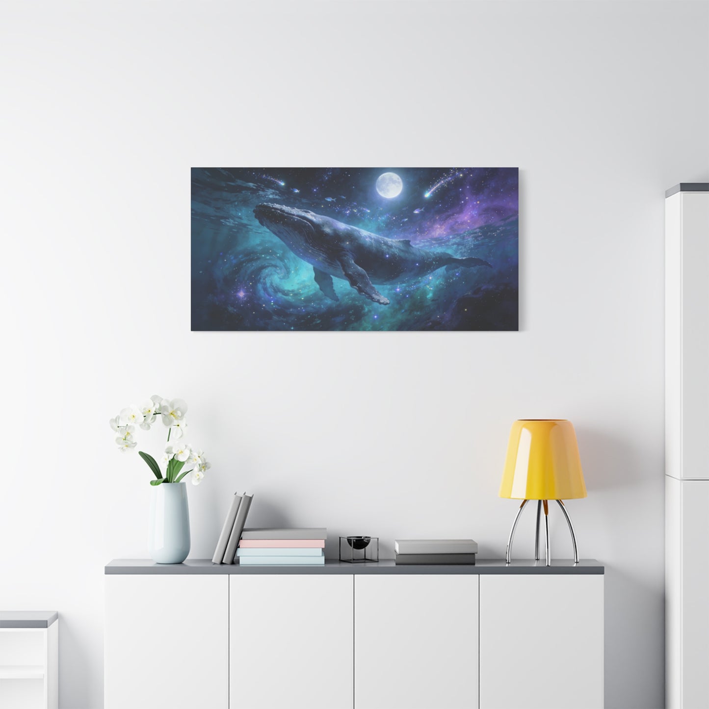 Humpback Whale Canvas Wall Art - Celestial Ocean Galaxy Painting, Moonlit Space Seascape Print - Matte Cotton Canvas - Contemporary Fantasy Style - Living Room Wall Decor - Bedroom Home Decoration