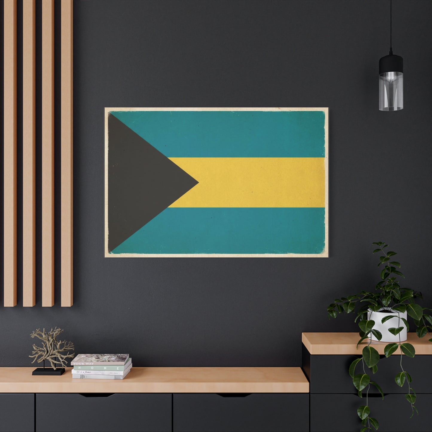 Bahamas Flag Canvas Wall Art - Vintage Caribbean National Flag Print, Blue Yellow Black Geometric Design - Coastal Decor - Living Room Home Decoration - Living Room Wall Decor - Modern Farmhouse Style