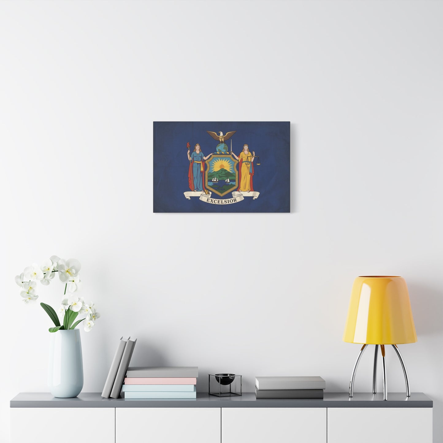 "Excelsior" New York State Flag Canvas Wall Art - Empire State Banner Print, Vintage Blue Heraldic Decor - Patriotic Illustration Style - Living Room Wall Decor, Office Art - Bedroom Home Decoration