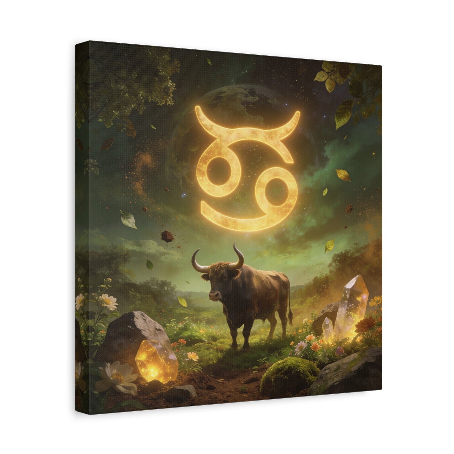 Cancer Zodiac Canvas Wall Art - Glowing Astrology Symbol, Bull And Crystal Fantasy Scene - Celestial Green Gold Illustration - Bedroom Home Decoration, Meditation Space Accent - Living Room Wall Decor